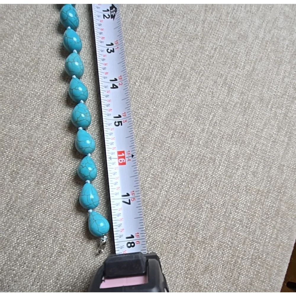 Turquoise Colored Dyed Necklace Silver Tone Tear Drop Beads Boho 18
